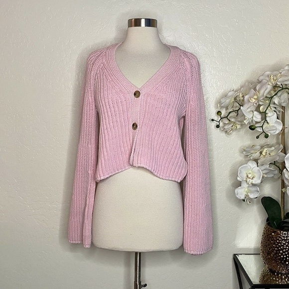 CURRENT AIR V-Neck Rib Knit Crop Cardigan Pink M - Picture 2 of 7